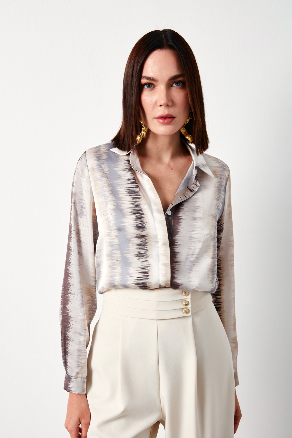 Desenli Düz Gömlek - BEJ