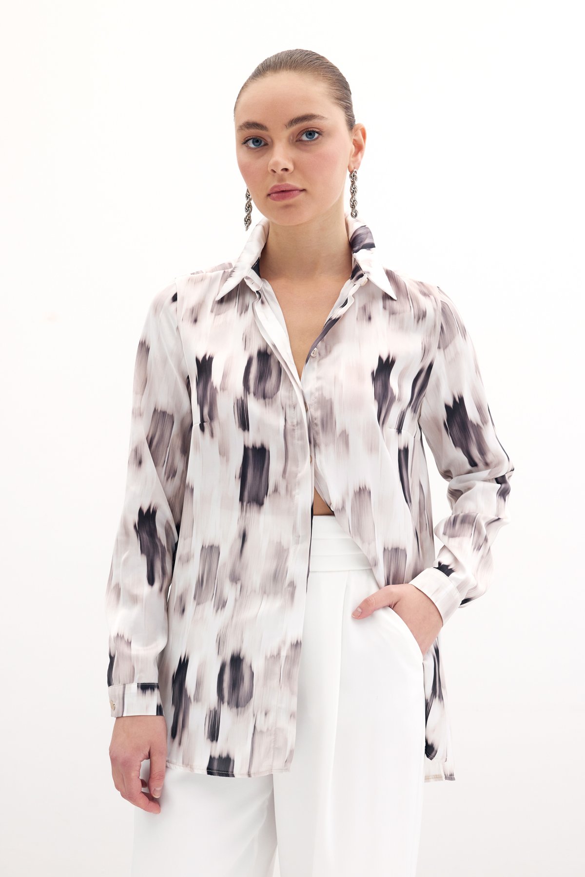 Desenli Düz Gömlek - Bej