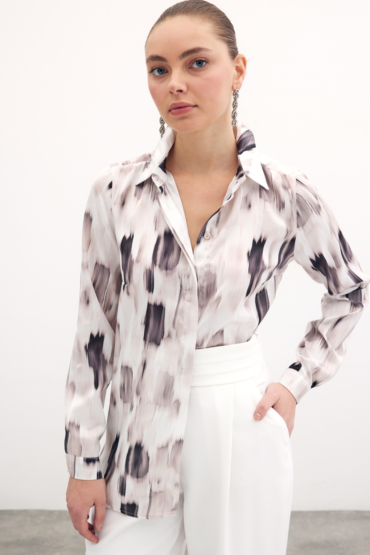 Desenli Düz Gömlek - Bej