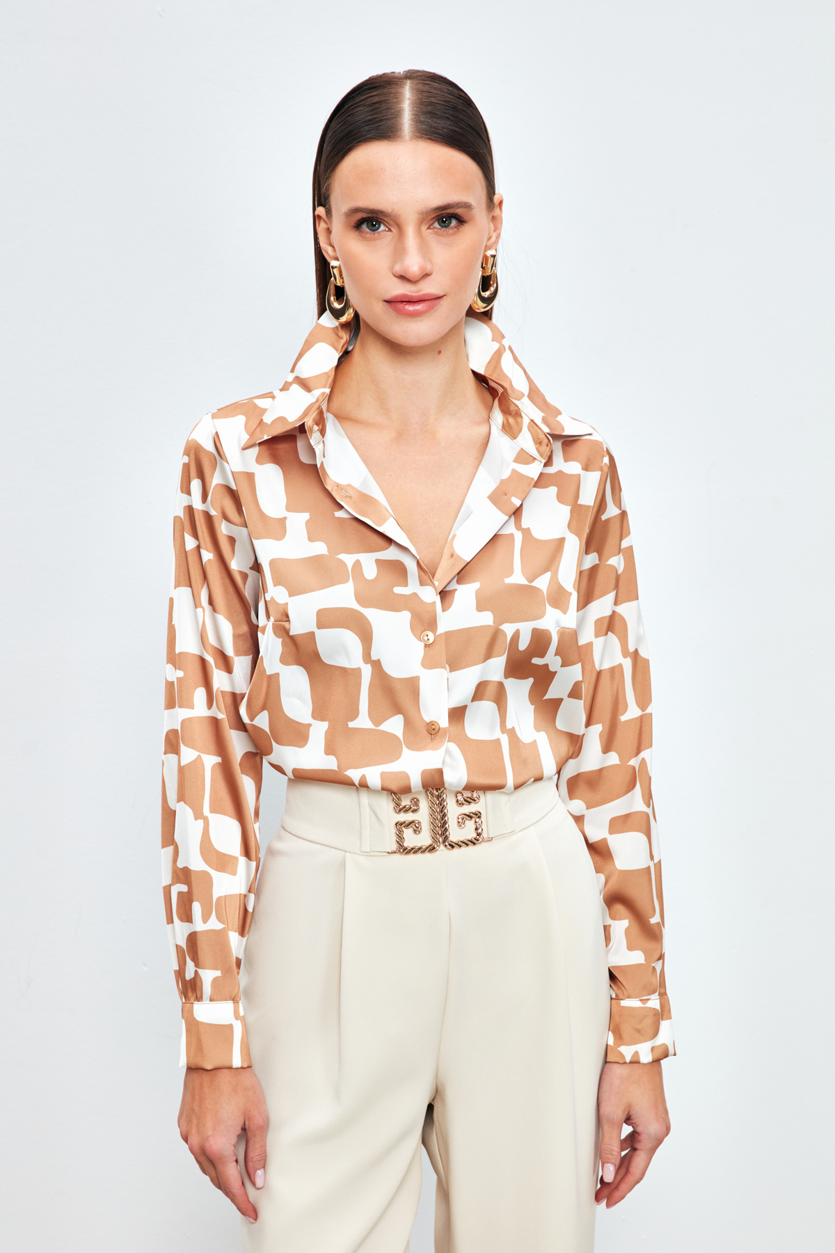 Desenli Düz Gömlek - KAHVE