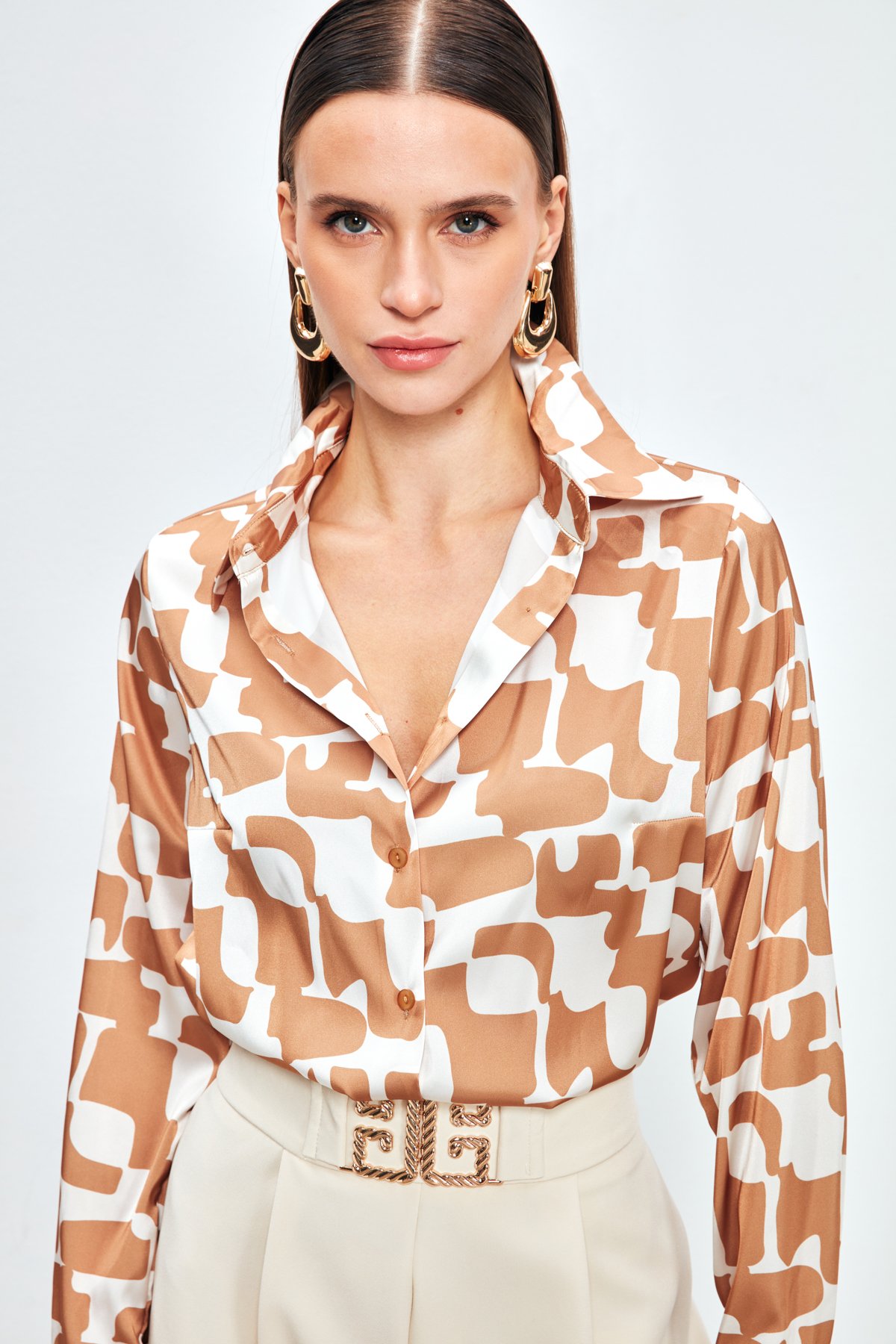 Patterned Plain Shirt - BROWN