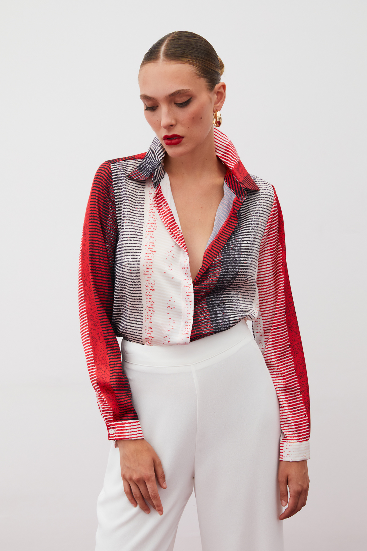 Desenli Düz Gömlek - KIRMIZI