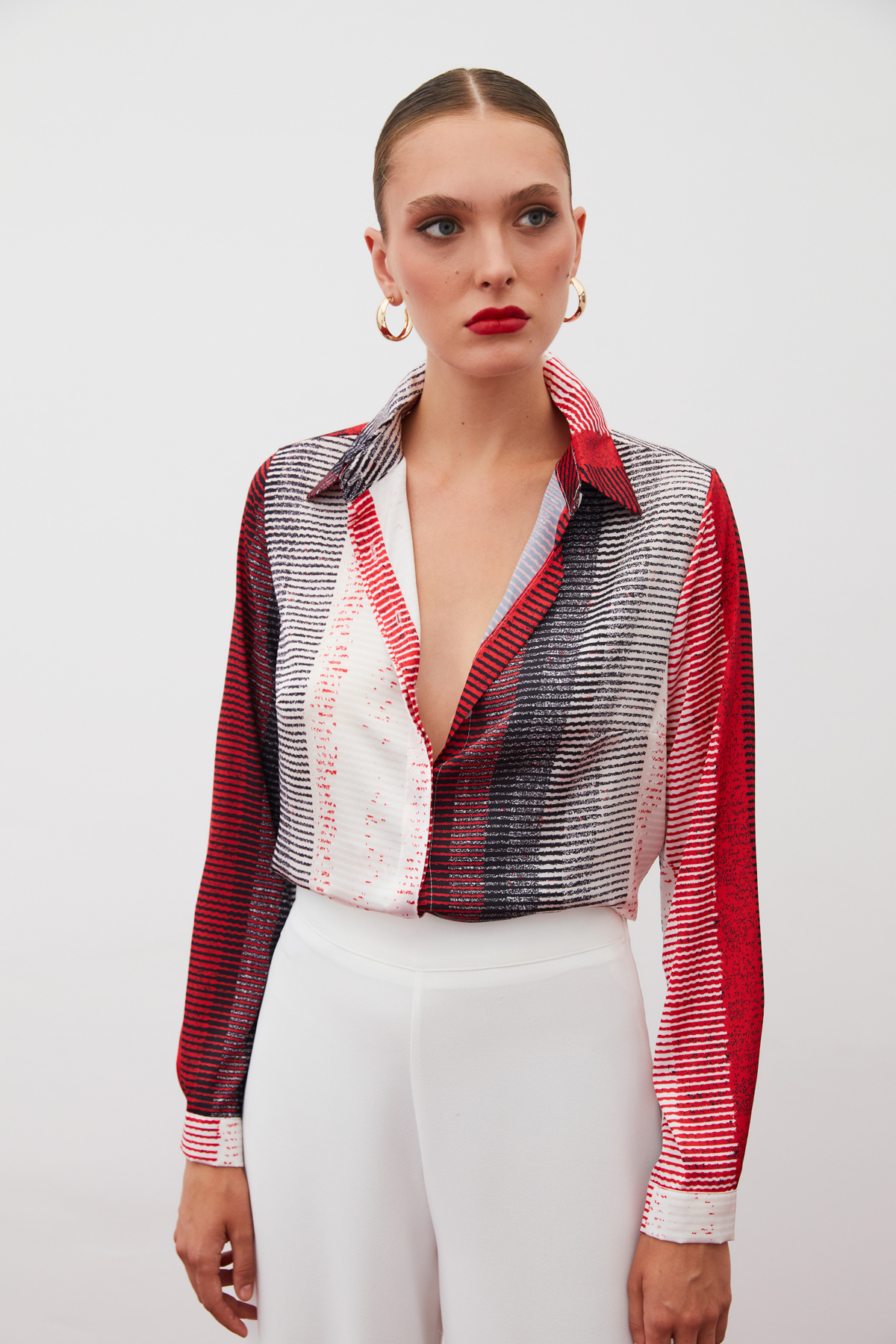 Desenli Düz Gömlek - KIRMIZI