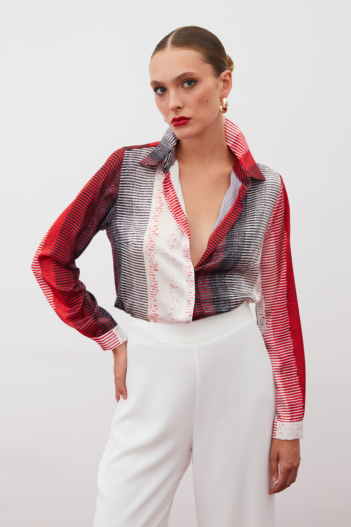 Desenli Düz Gömlek - KIRMIZI