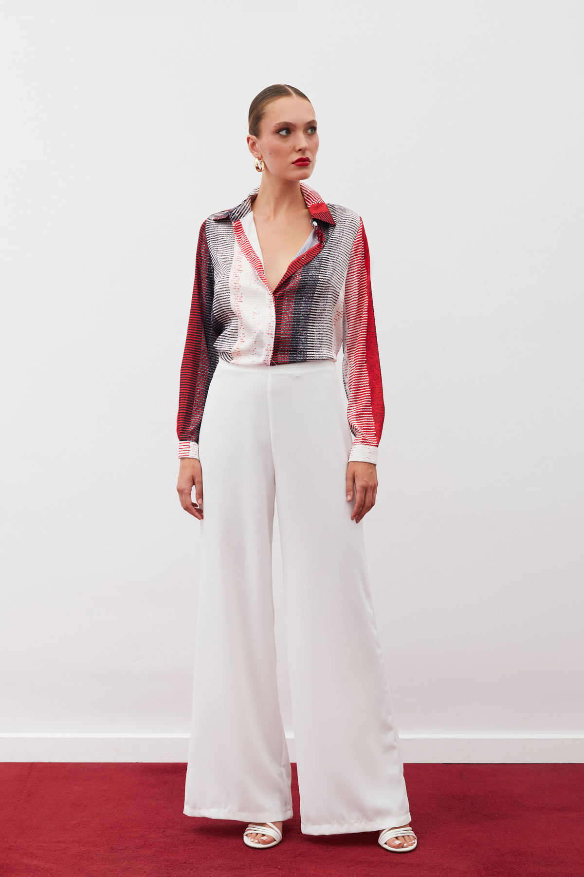 Desenli Düz Gömlek - KIRMIZI