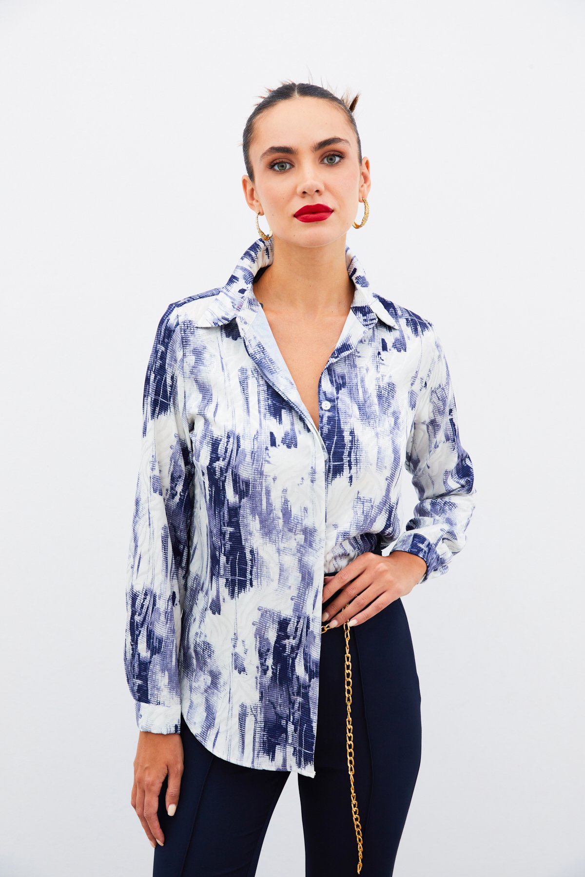 Desenli Düz Gömlek - LACİVERT