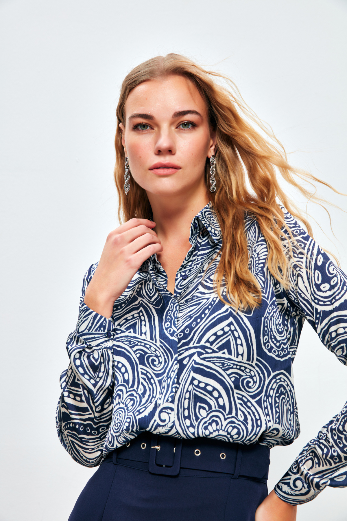Desenli Düz Gömlek - LACİVERT