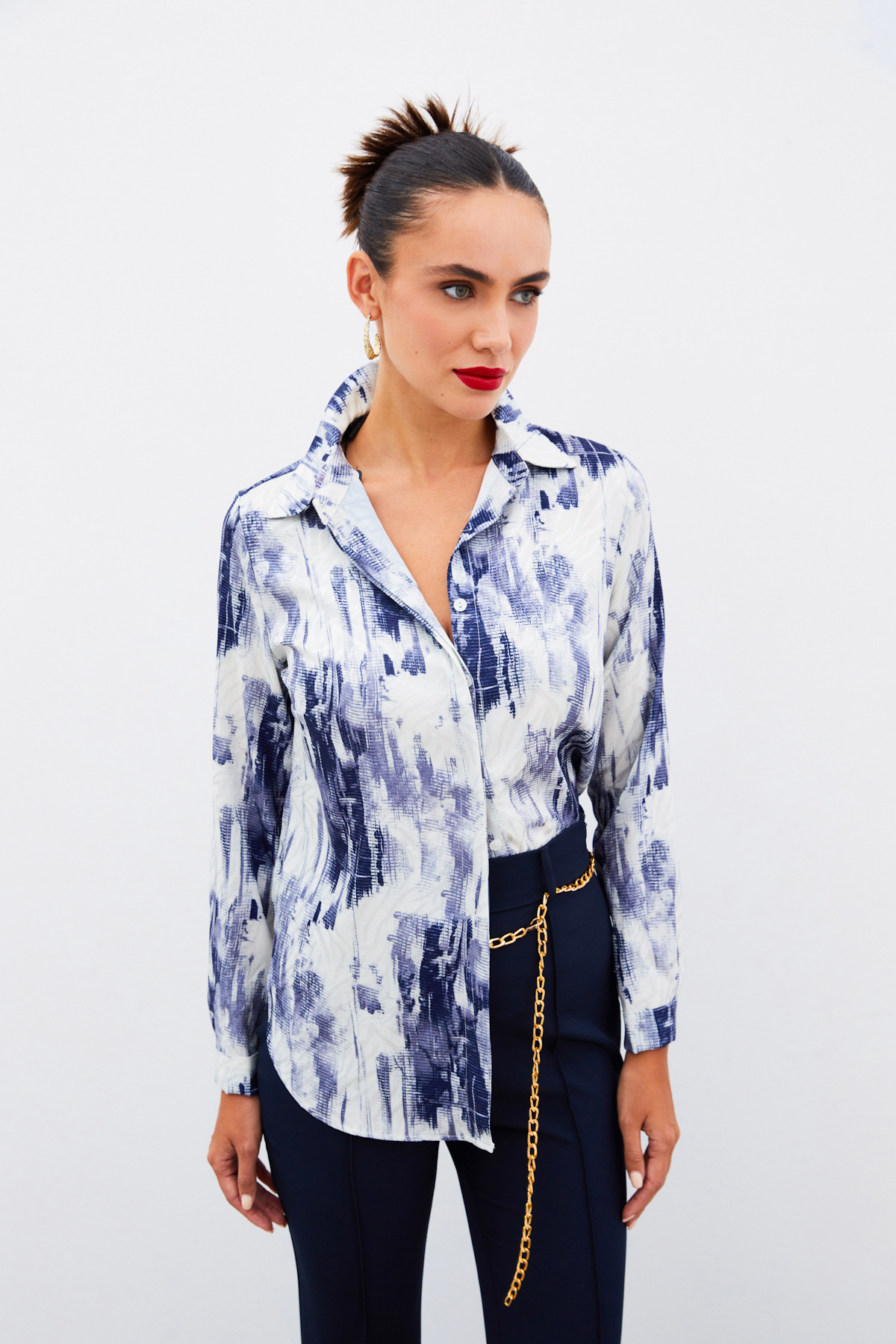 Desenli Düz Gömlek - LACİVERT