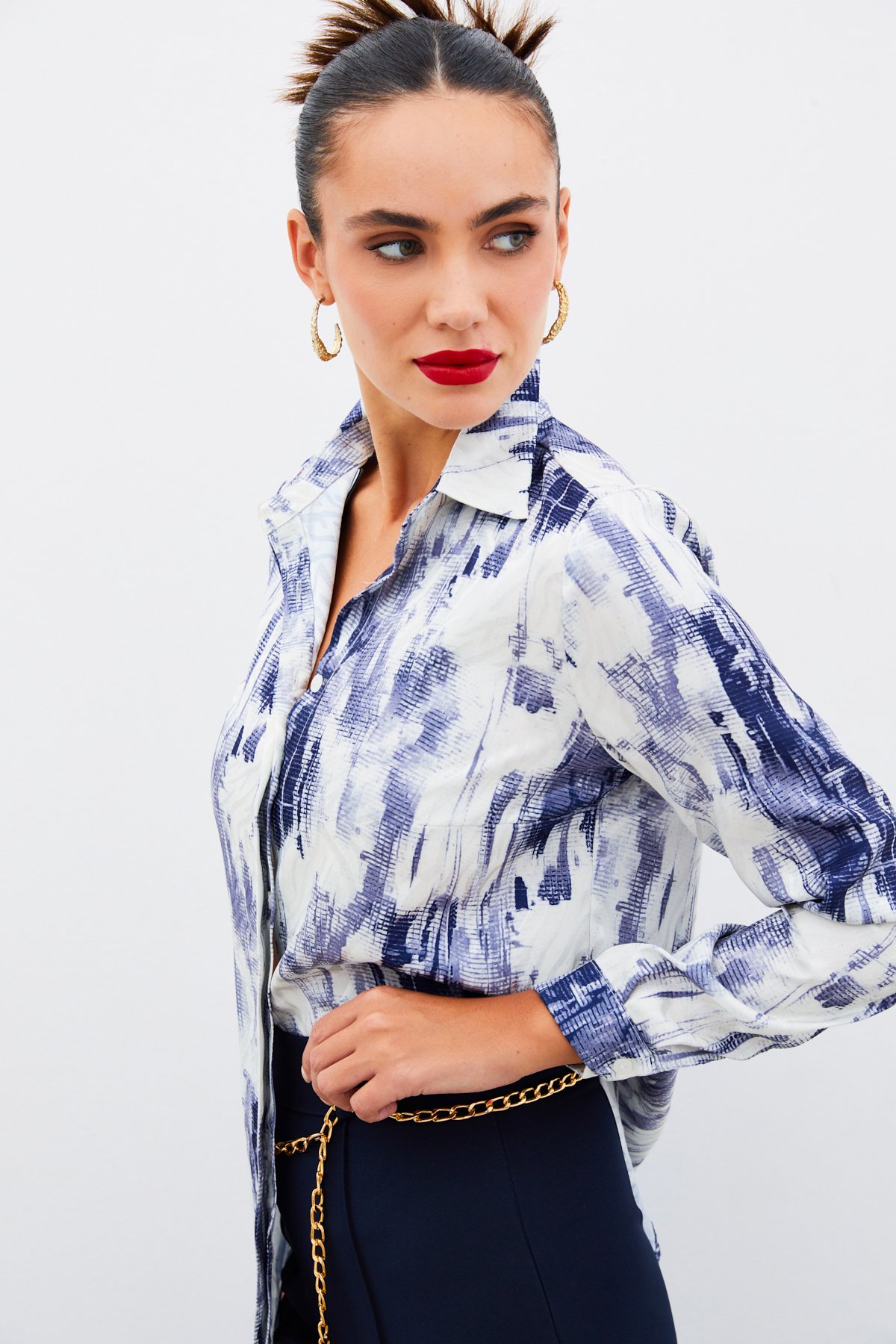 Desenli Düz Gömlek - LACİVERT