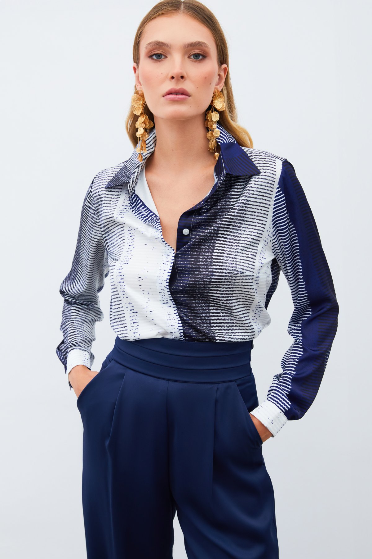 Desenli Düz Gömlek - LACİVERT