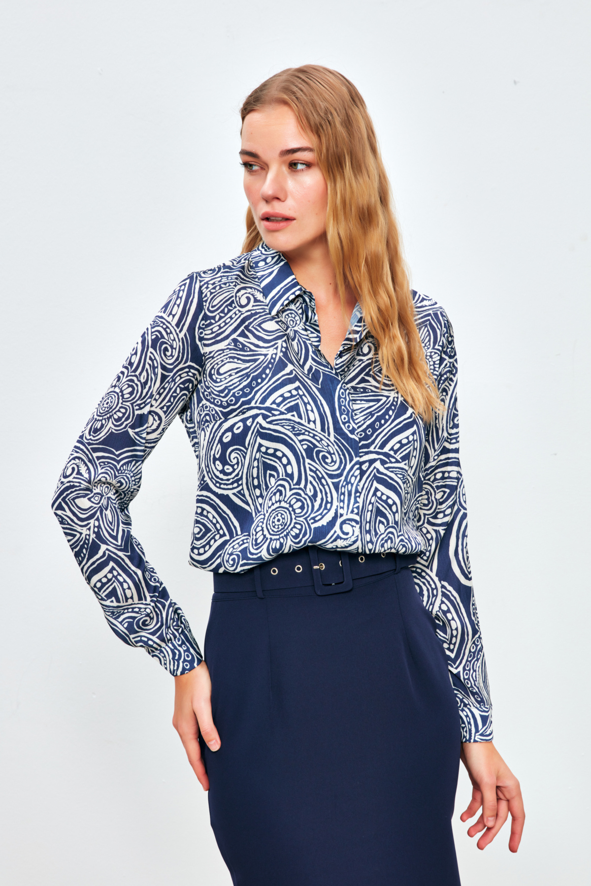Desenli Düz Gömlek - LACİVERT