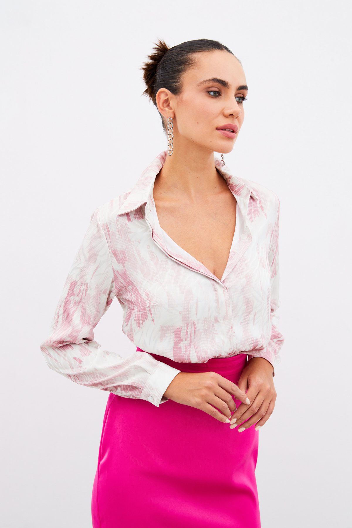 Desenli Düz Gömlek - PUDRA