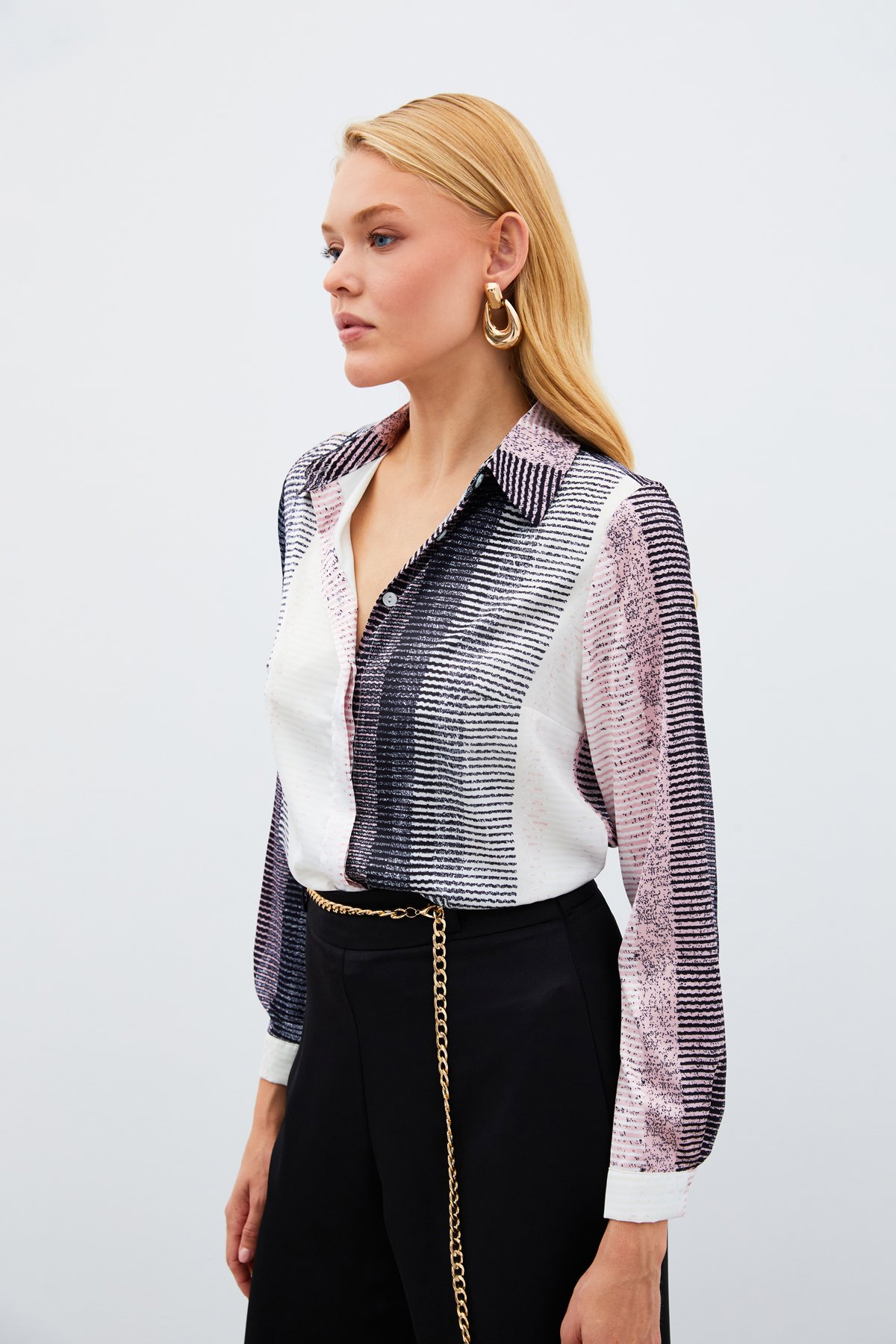 Desenli Düz Gömlek - PUDRA