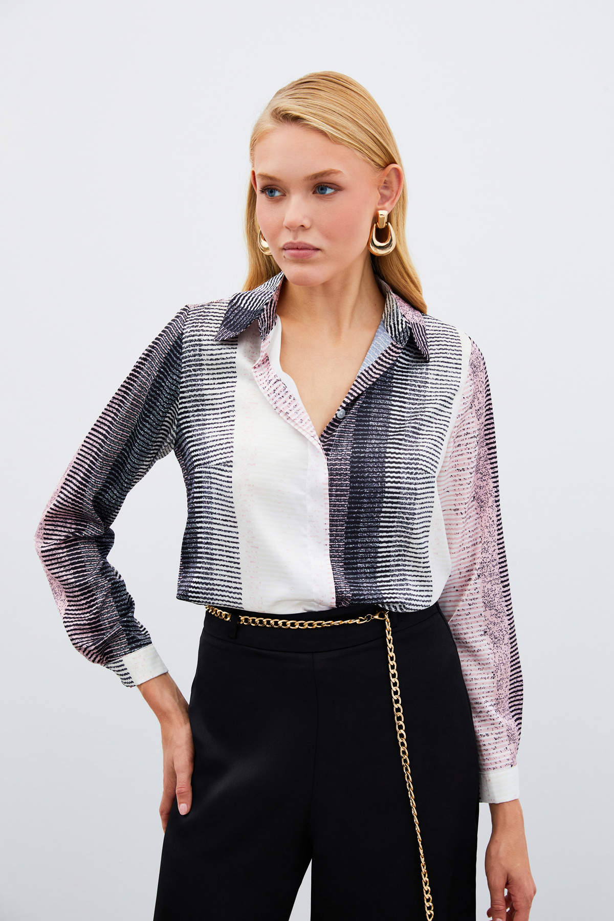 Desenli Düz Gömlek - PUDRA