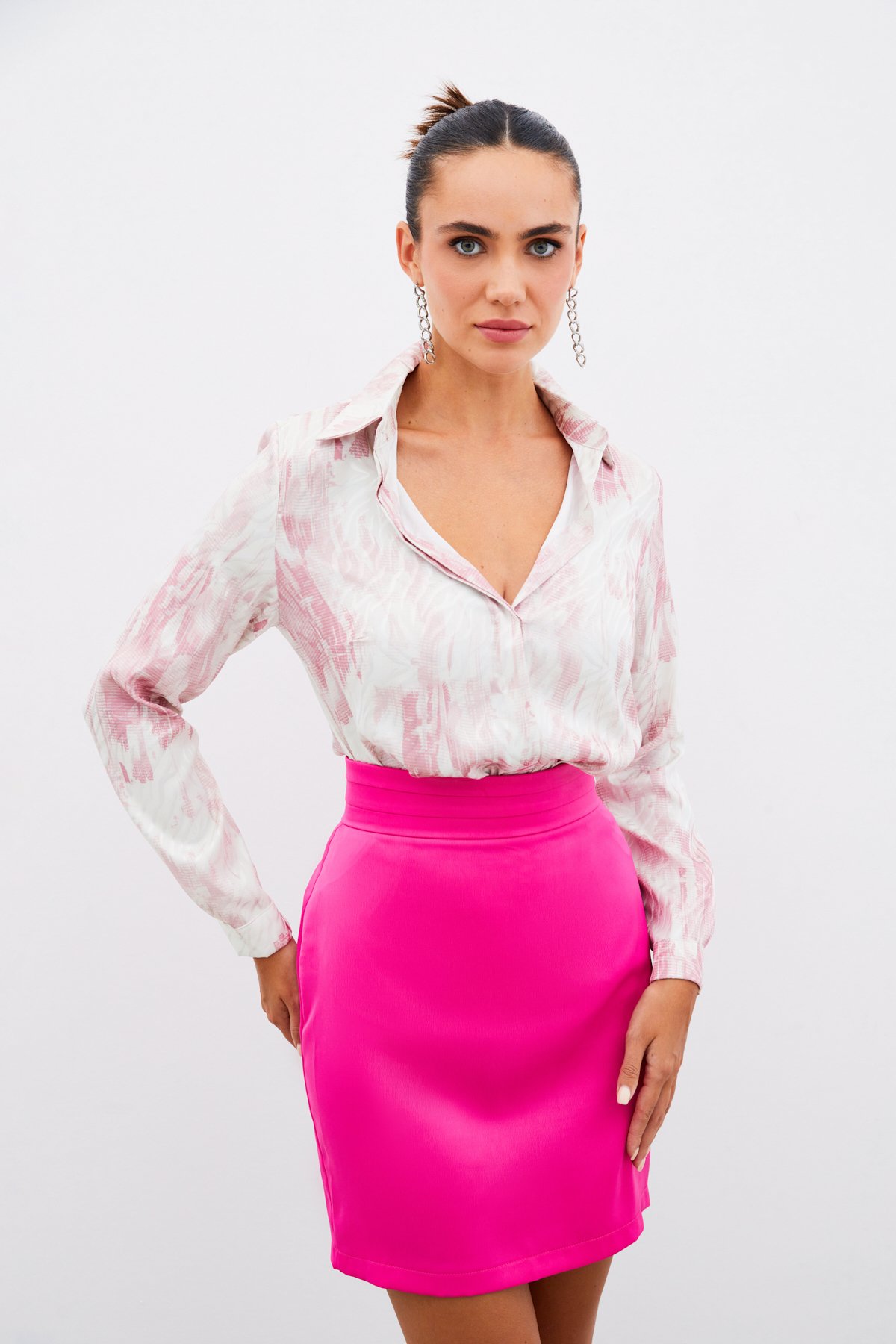 Desenli Düz Gömlek - PUDRA