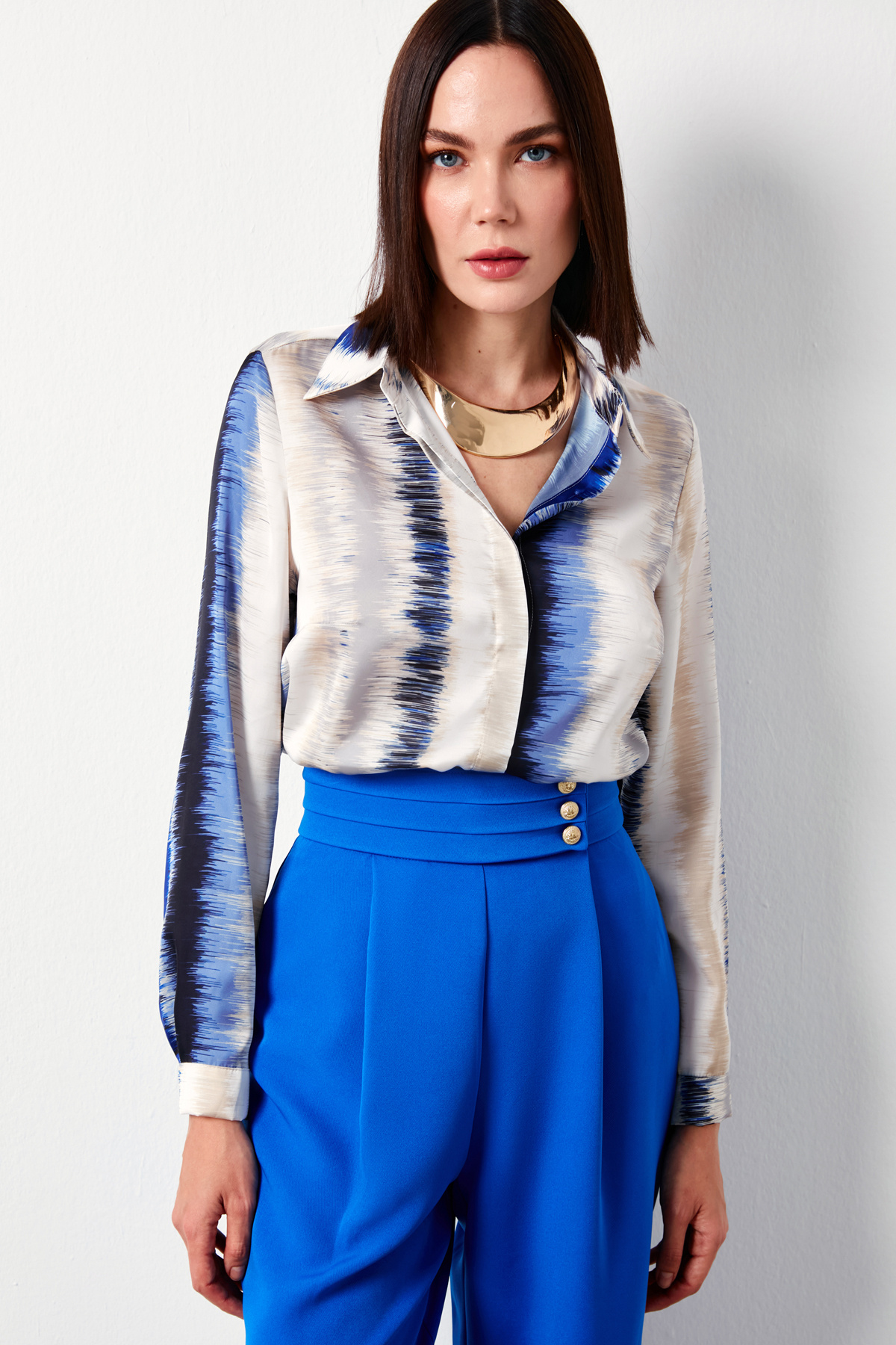 Desenli Düz Gömlek - SAX MAVİ