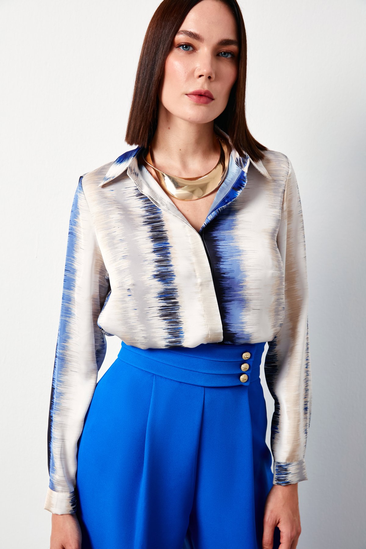 Patterned Plain Shirt - SAX BLUE