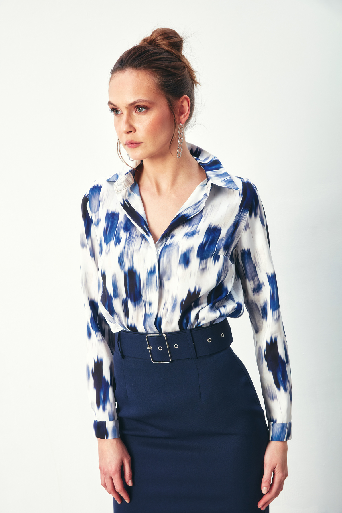 Desenli Düz Gömlek - SAX MAVİ