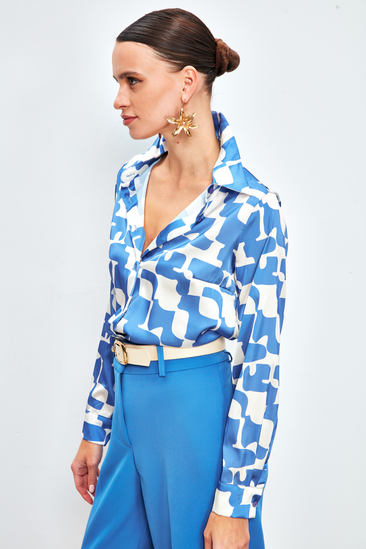 Desenli Düz Gömlek - SAX MAVİ