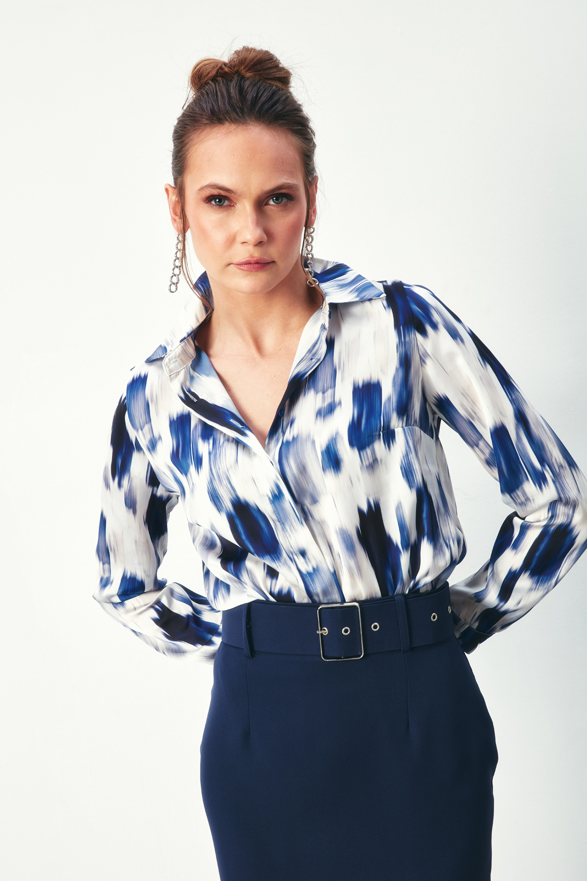 Desenli Düz Gömlek - SAX MAVİ