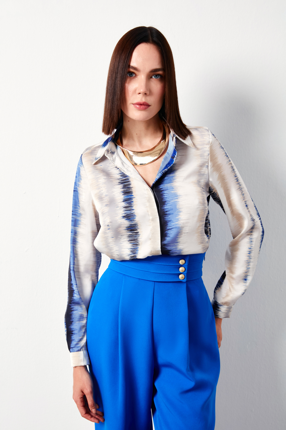 Desenli Düz Gömlek - SAX MAVİ