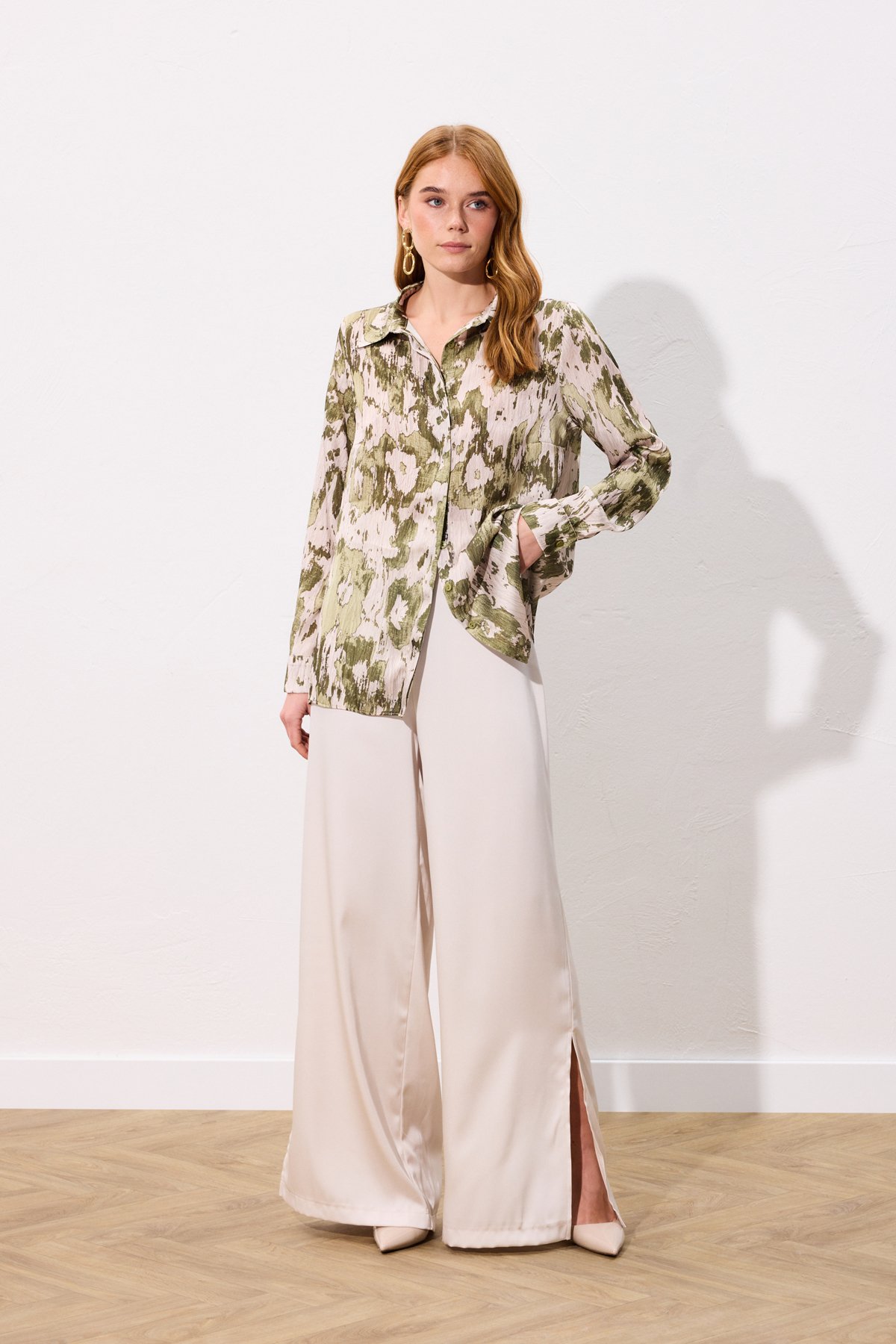 Desenli Düz Kesim Gömlek - Haki