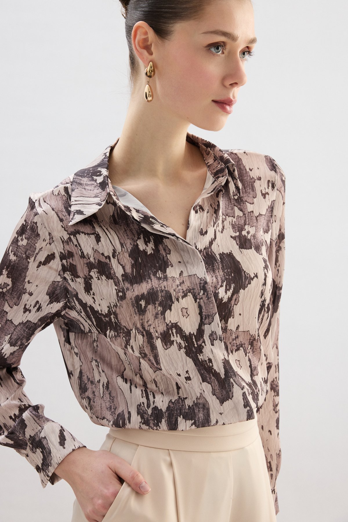 Desenli Düz Kesim Gömlek - Kahve