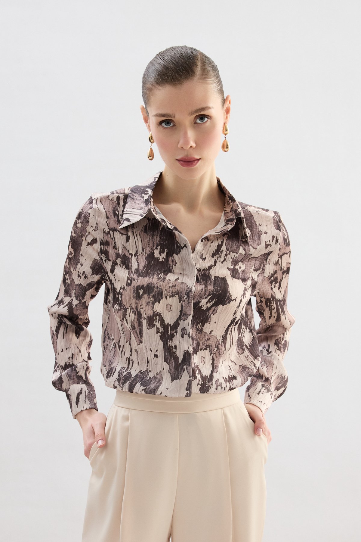 Desenli Düz Kesim Gömlek - Kahve