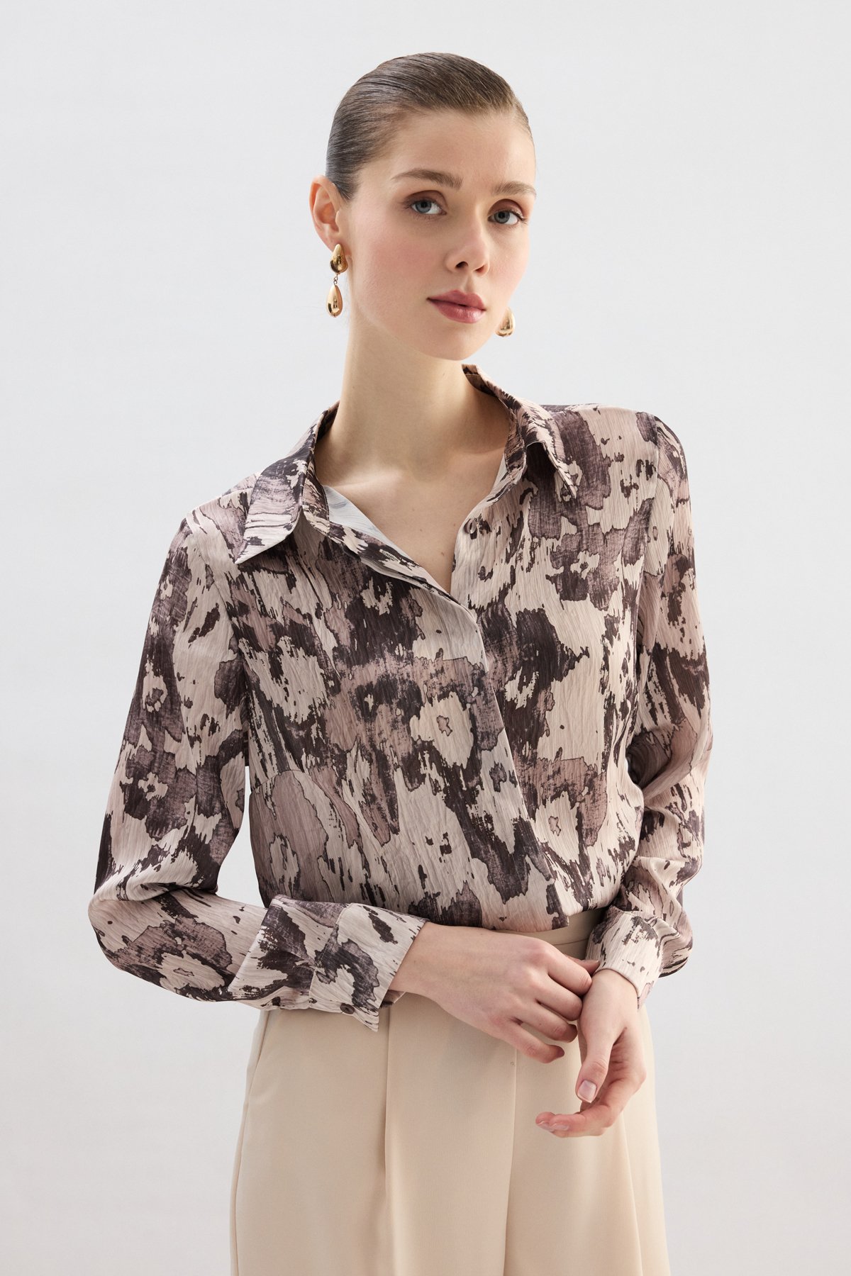 Desenli Düz Kesim Gömlek - Kahve