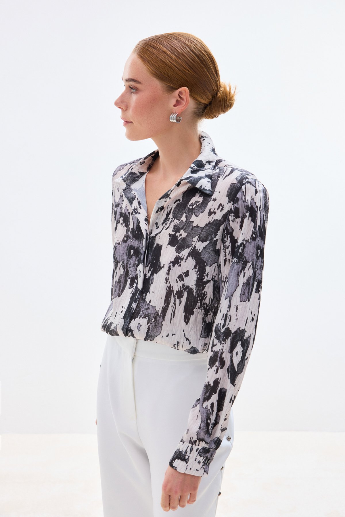 Desenli Düz Kesim Gömlek - Siyah