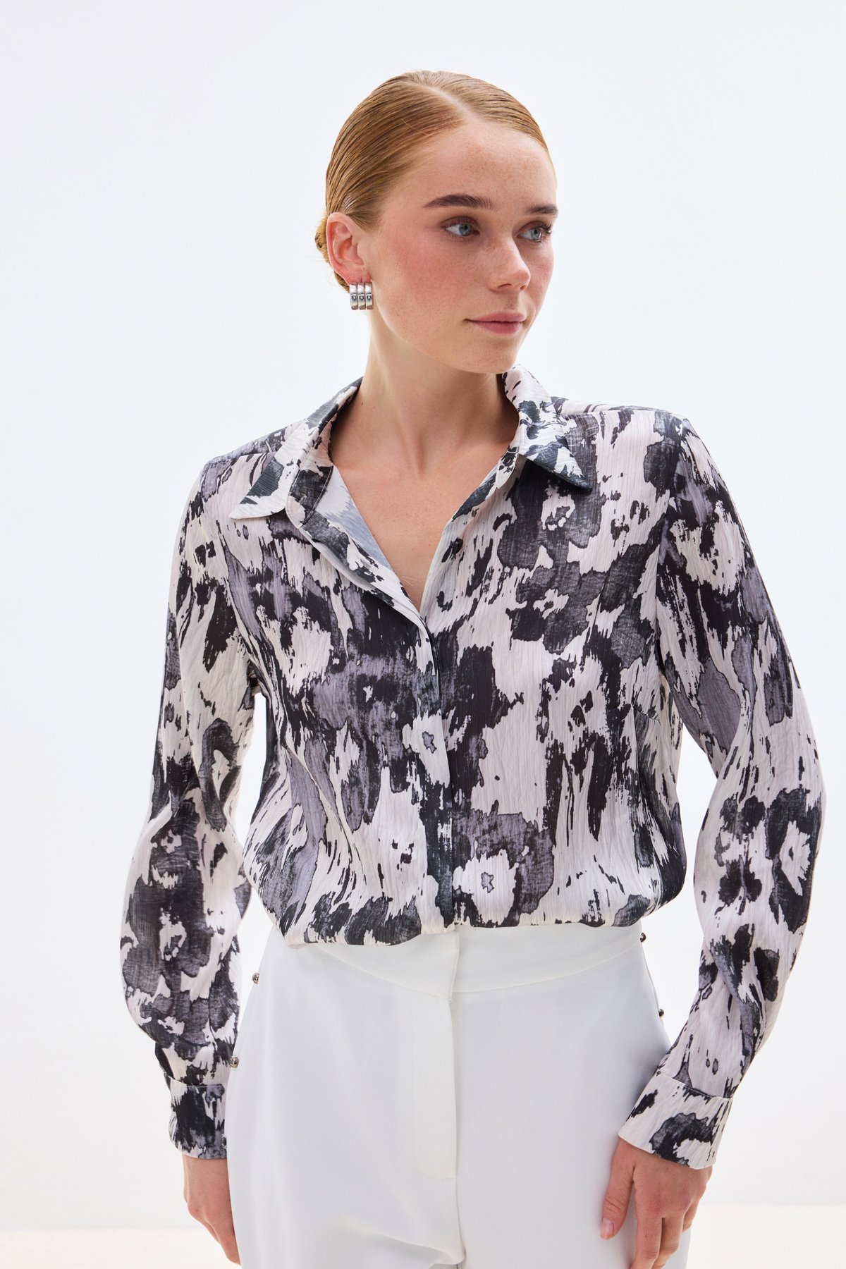 Desenli Düz Kesim Gömlek - Siyah