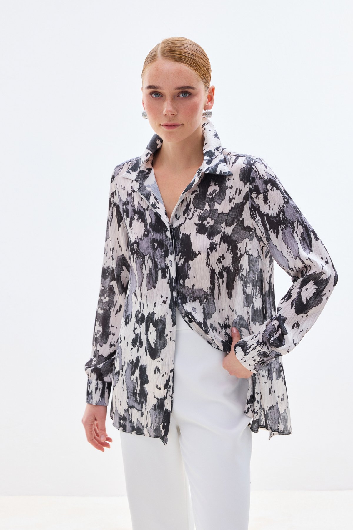 Desenli Düz Kesim Gömlek - Siyah