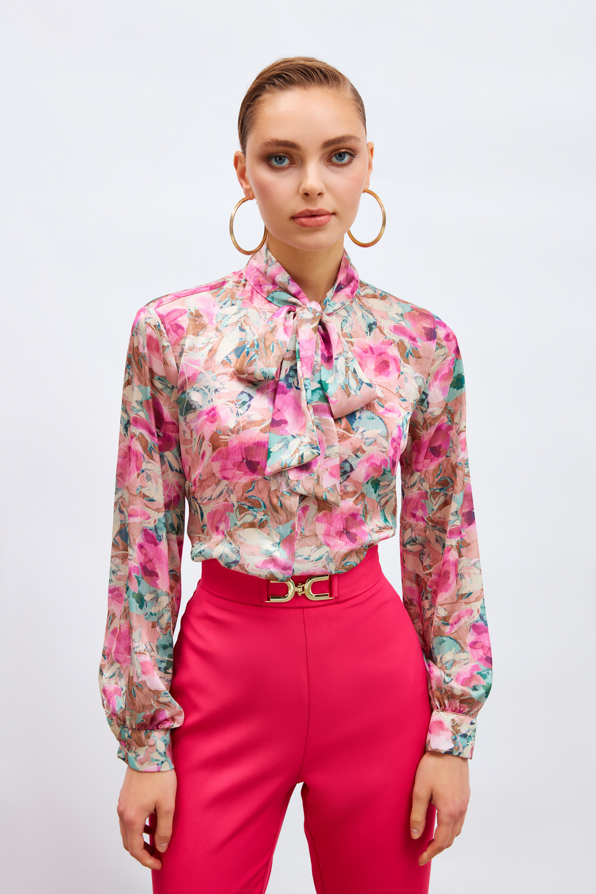 Desenli Fular Yaka Gömlek - FUŞYA