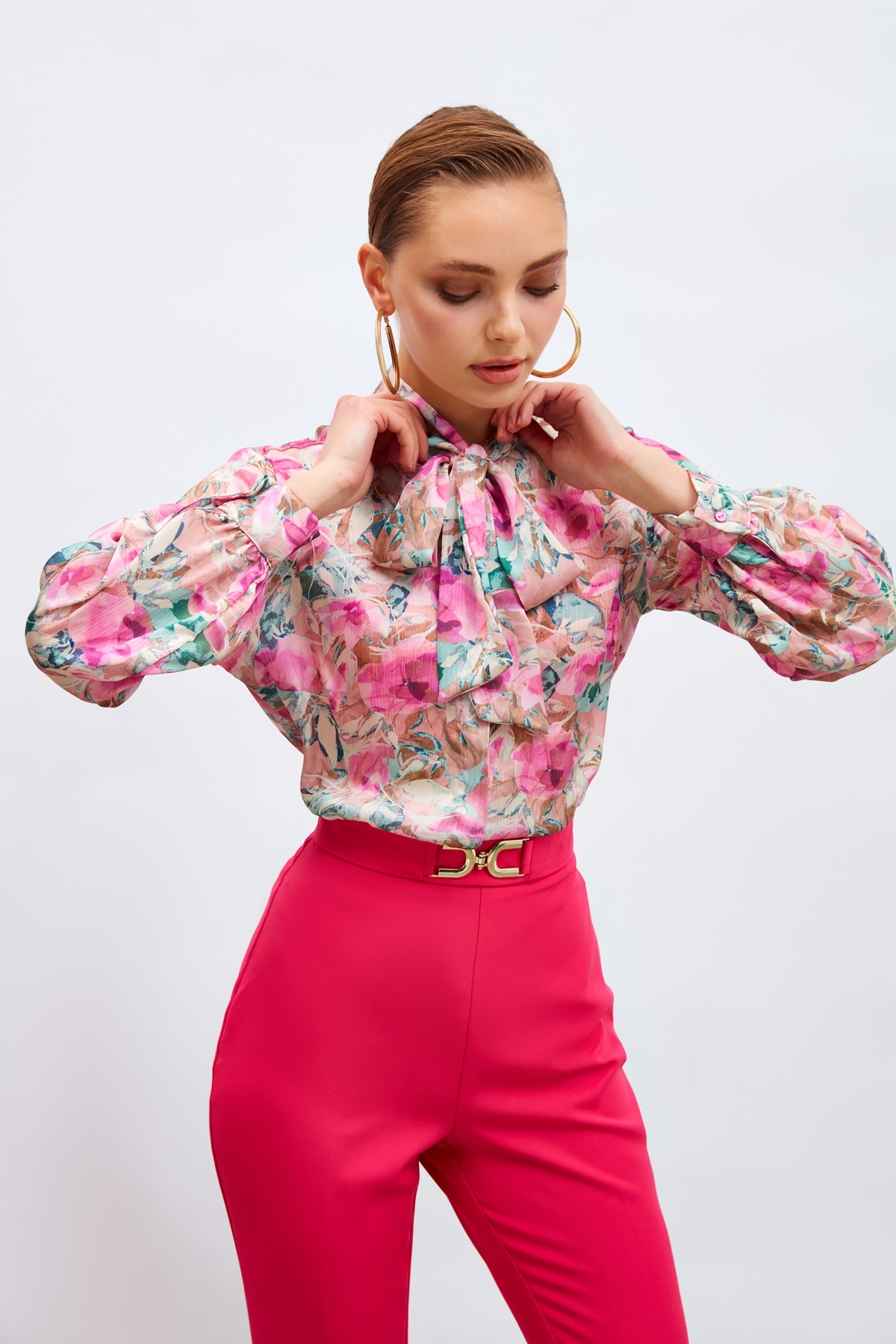 Desenli Fular Yaka Gömlek - FUŞYA