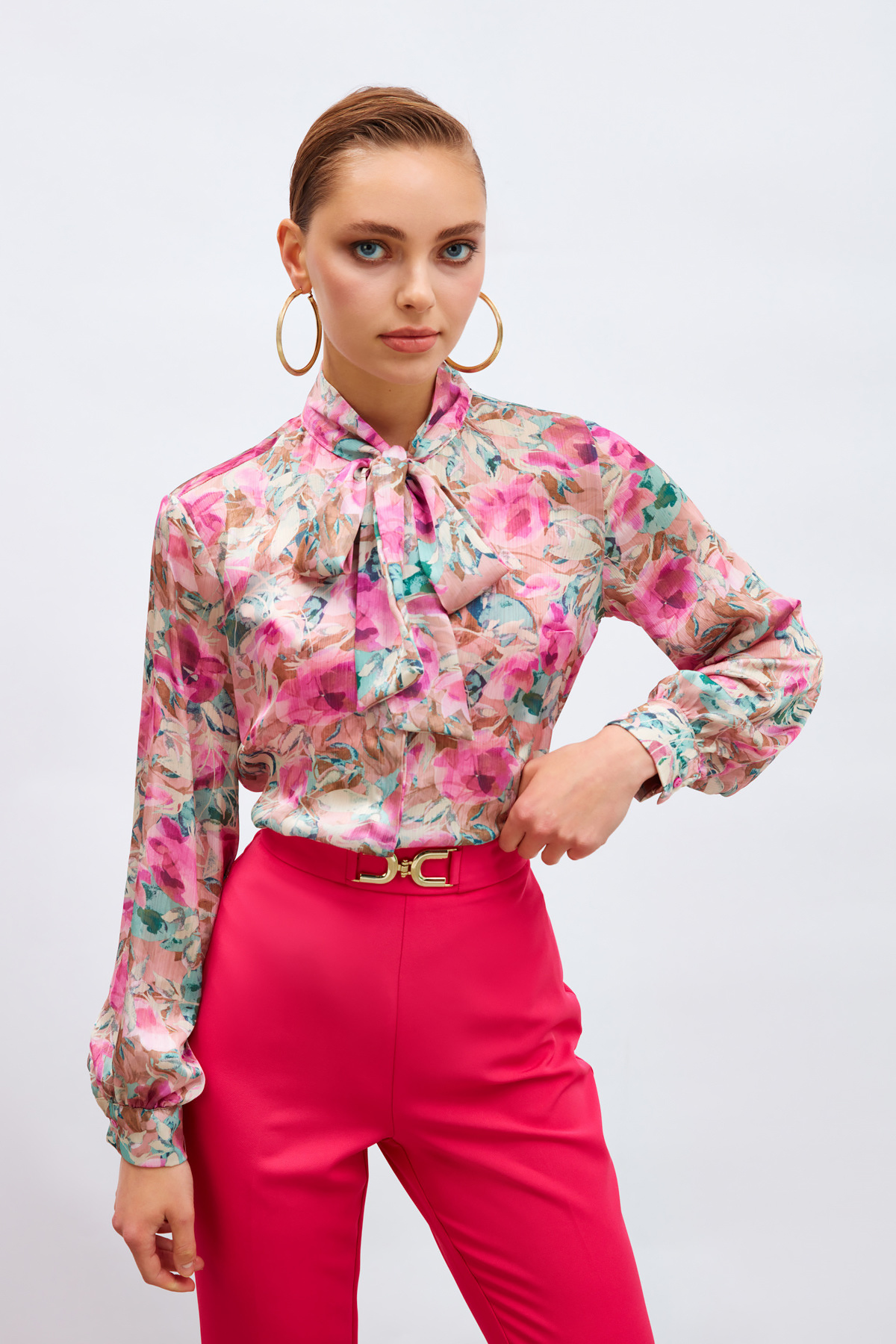 Desenli Fular Yaka Gömlek - FUŞYA