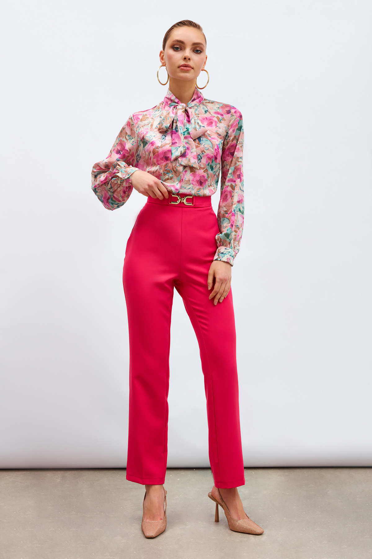 Desenli Fular Yaka Gömlek - FUŞYA