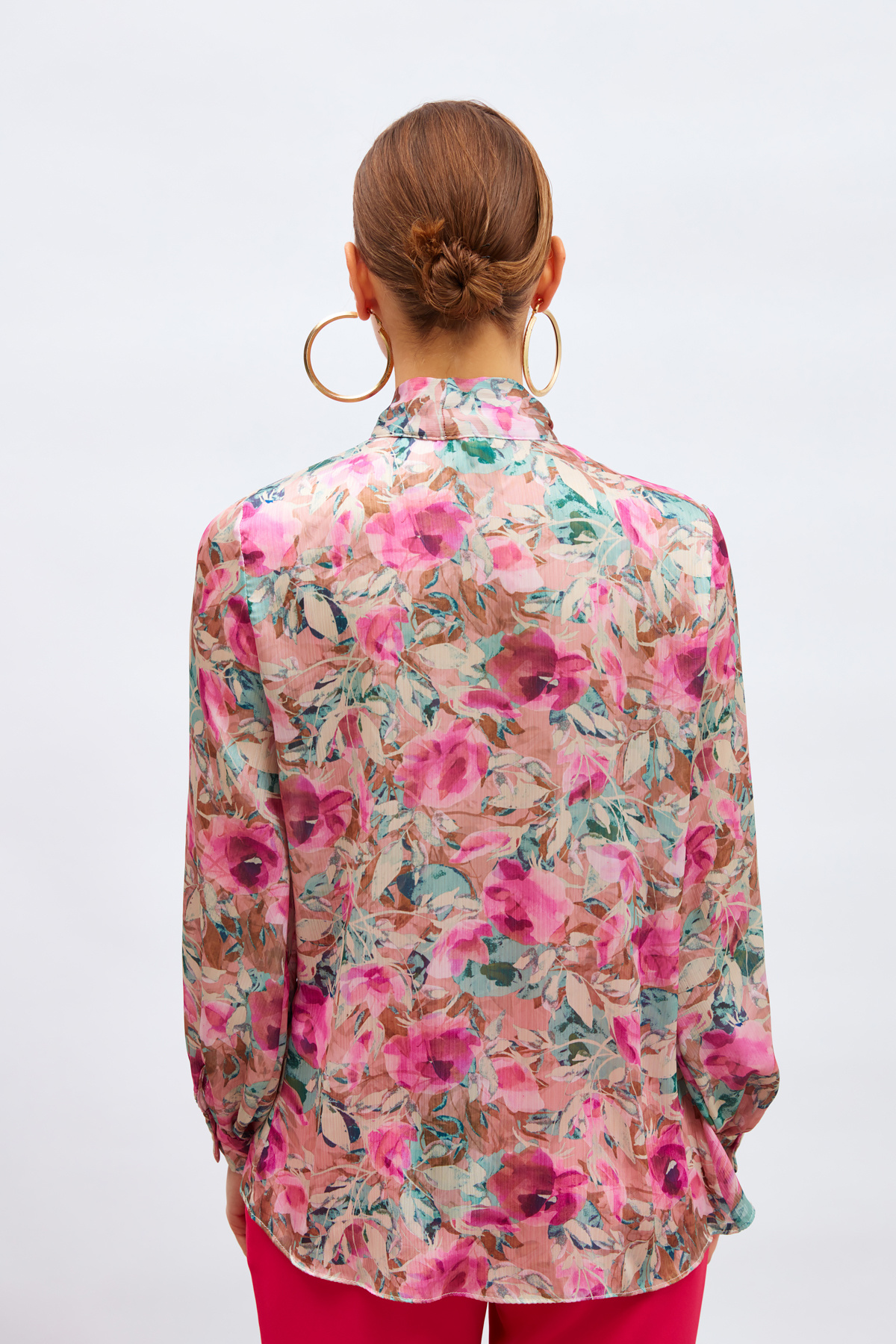 Desenli Fular Yaka Gömlek - FUŞYA