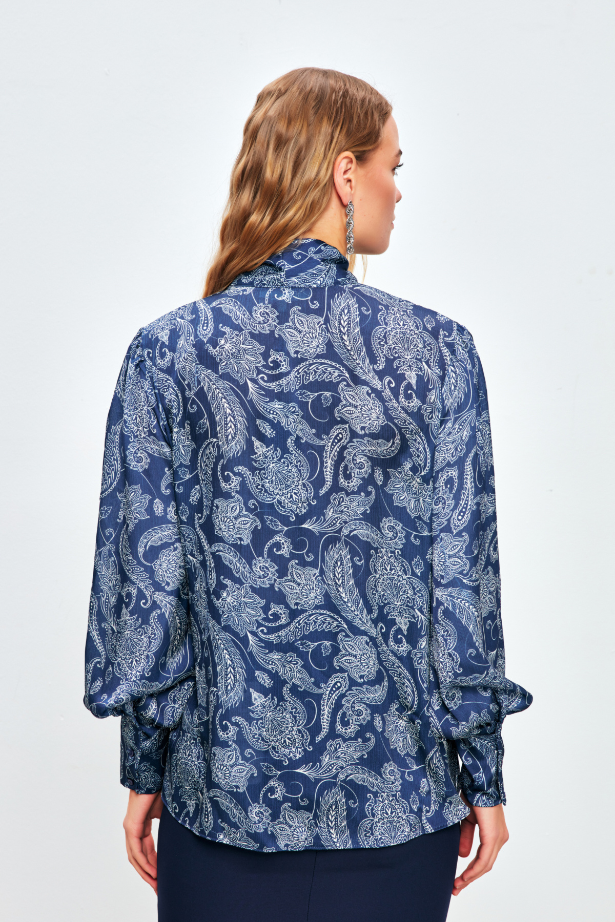 Desenli Fularlı Gömlek - LACİVERT