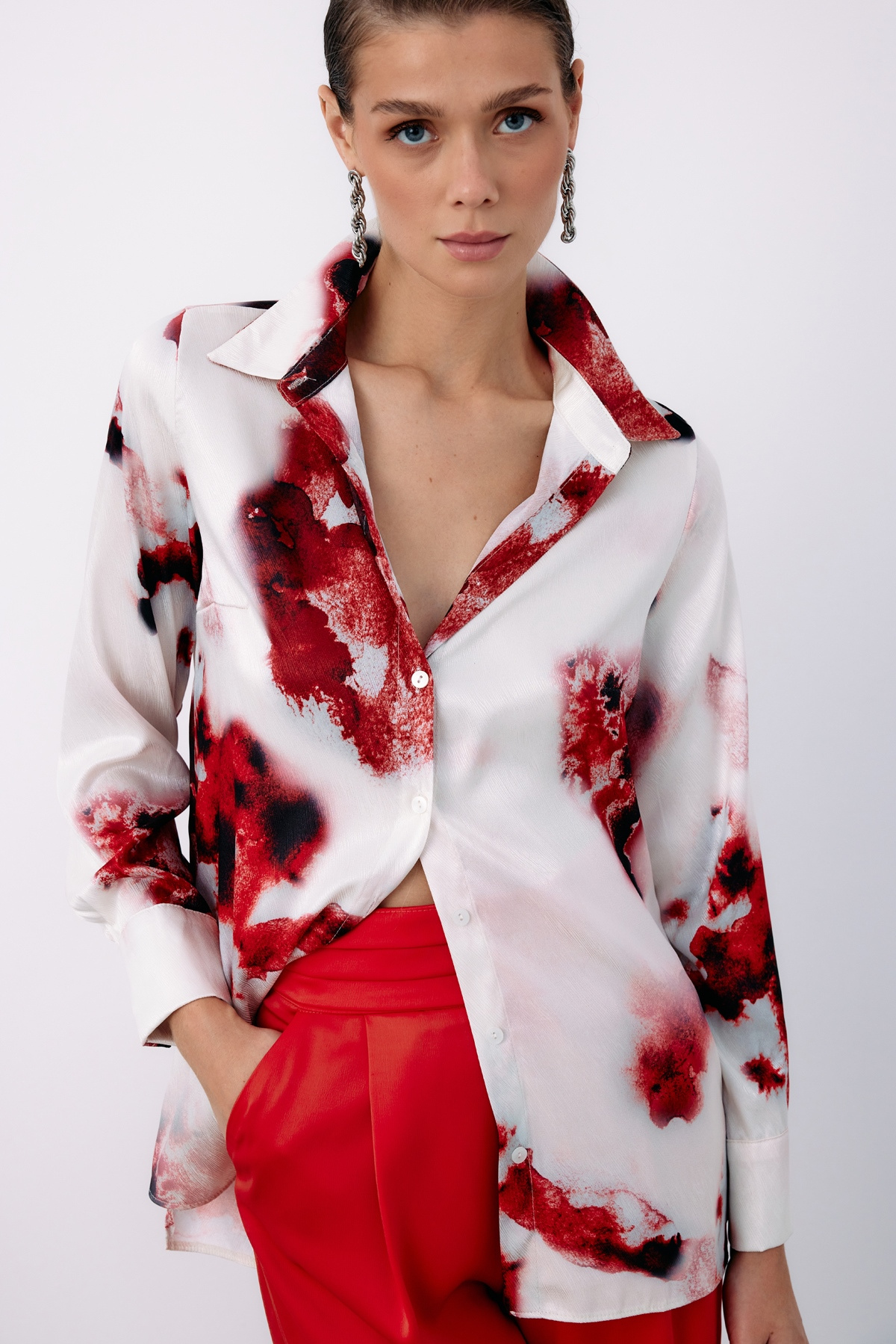 Desenli Geniş Klasik Gömlek - KIRMIZI