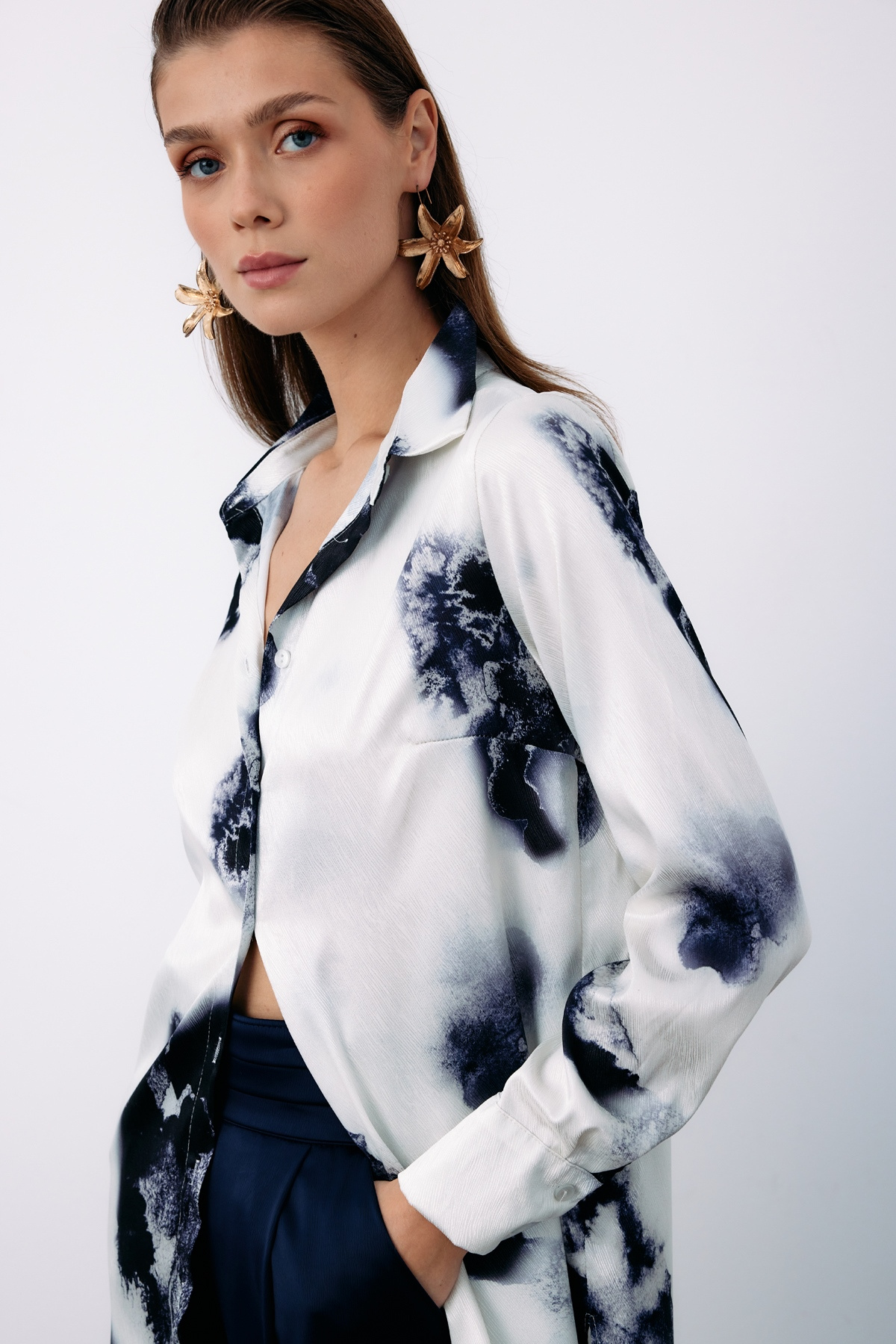 Desenli Geniş Klasik Gömlek - LACİVERT