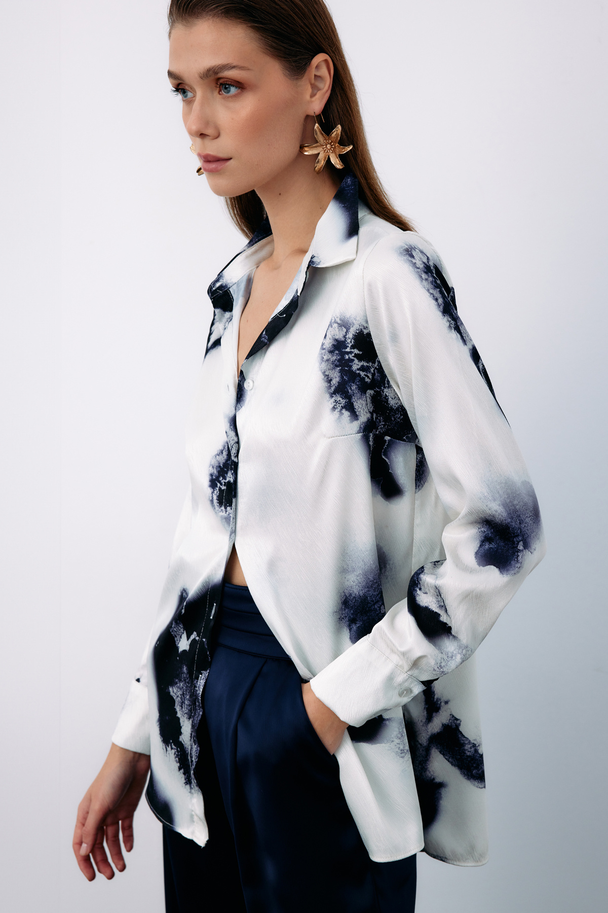 Desenli Geniş Klasik Gömlek - LACİVERT