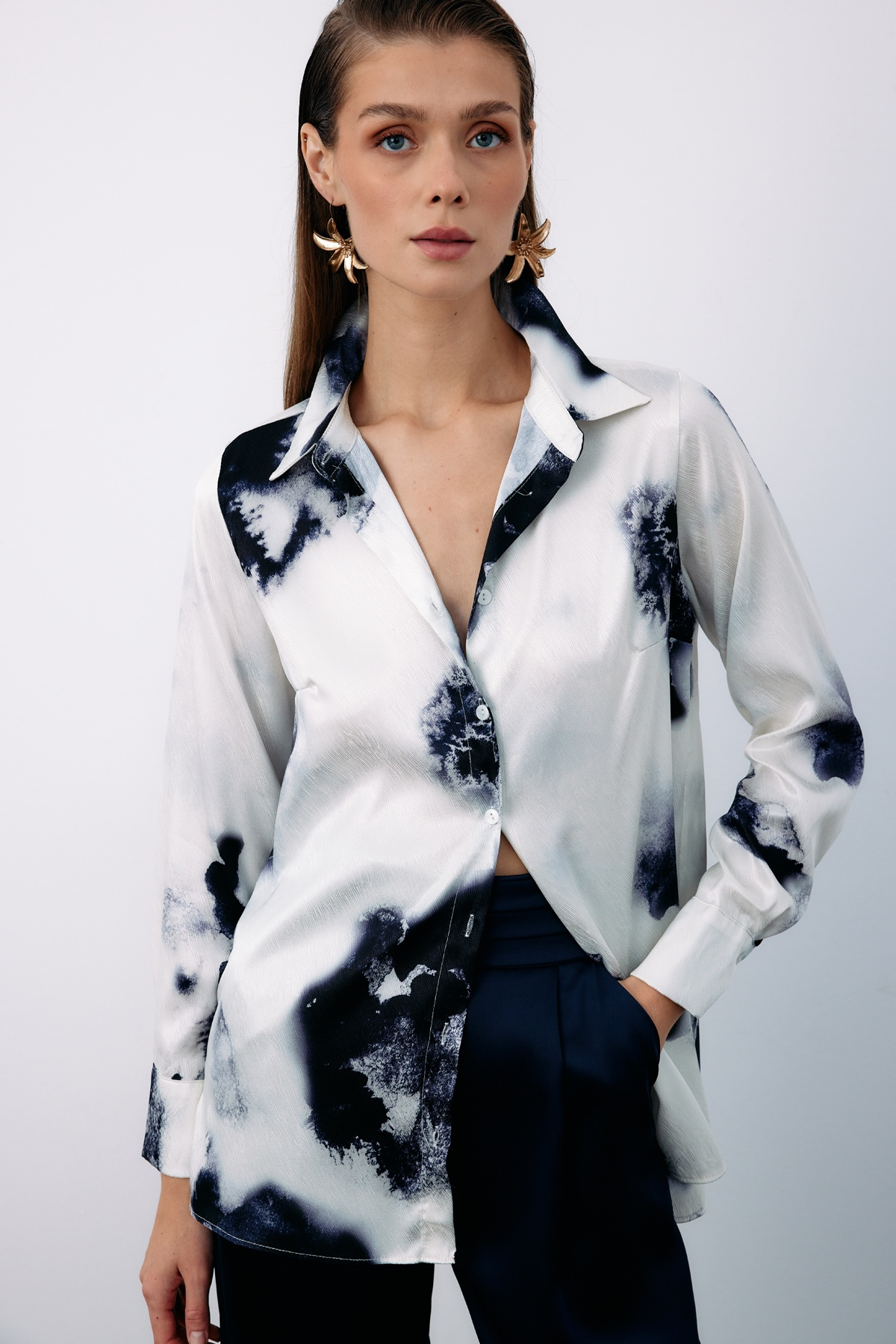 Desenli Geniş Klasik Gömlek - LACİVERT