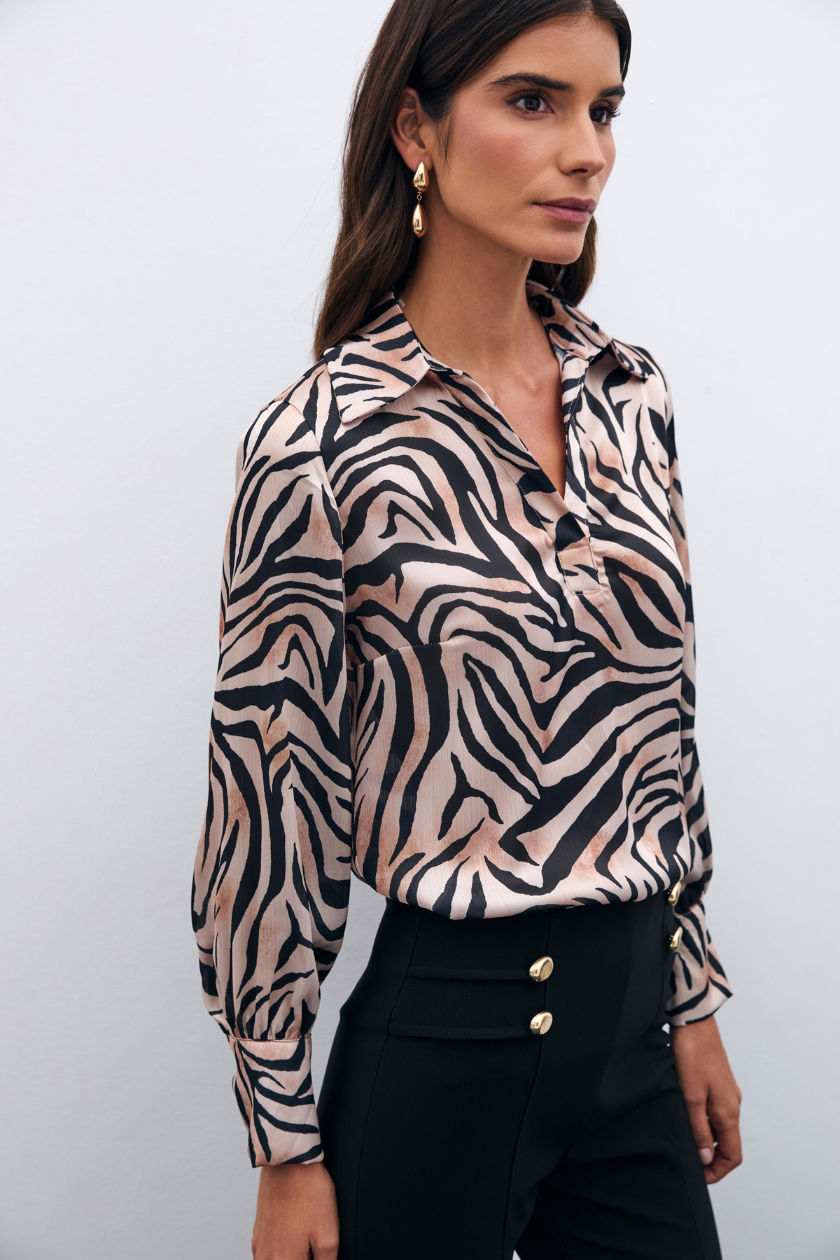 Desenli Gömlek Yaka Bluz - Siyah