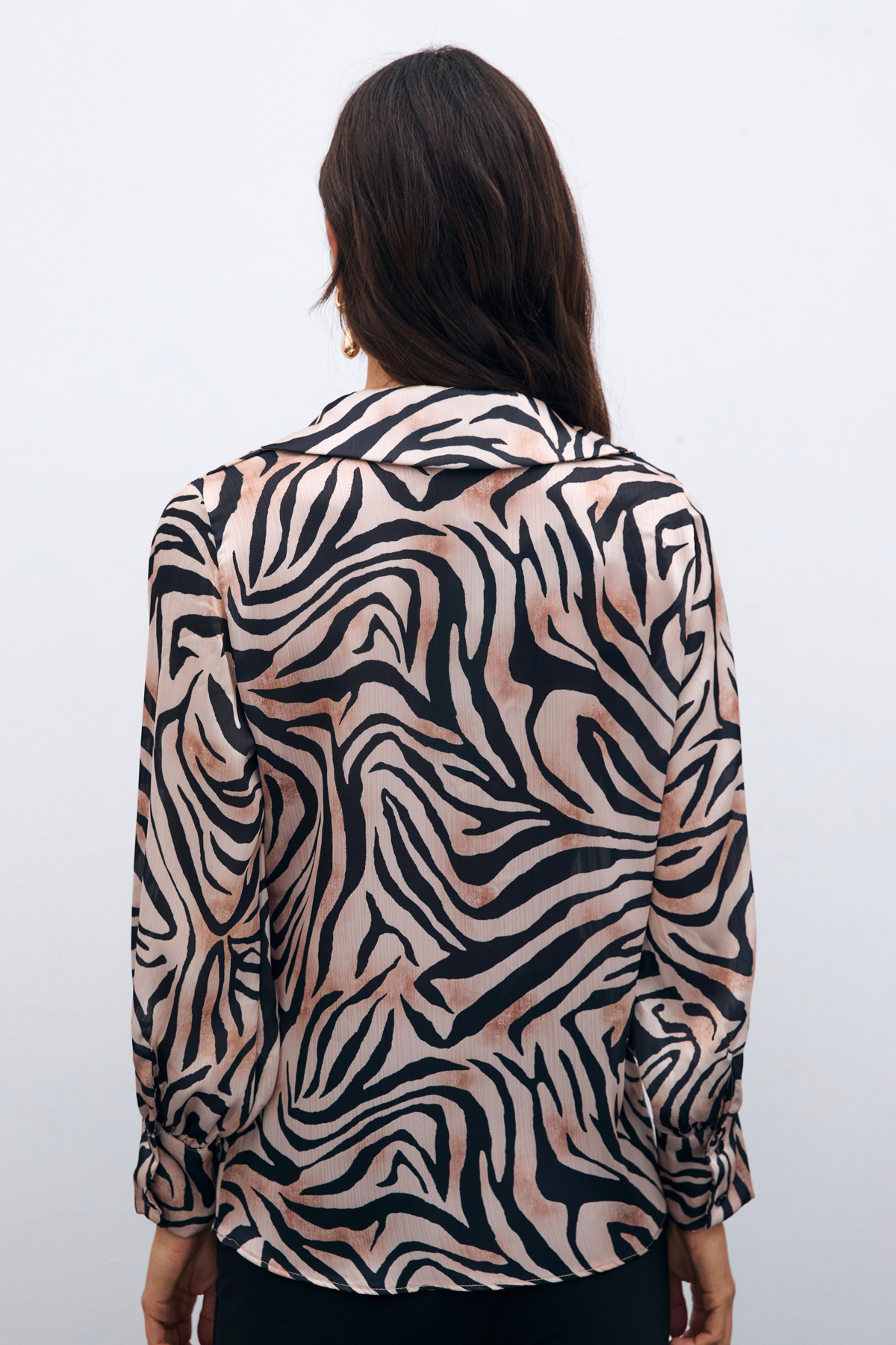 Desenli Gömlek Yaka Bluz - Siyah