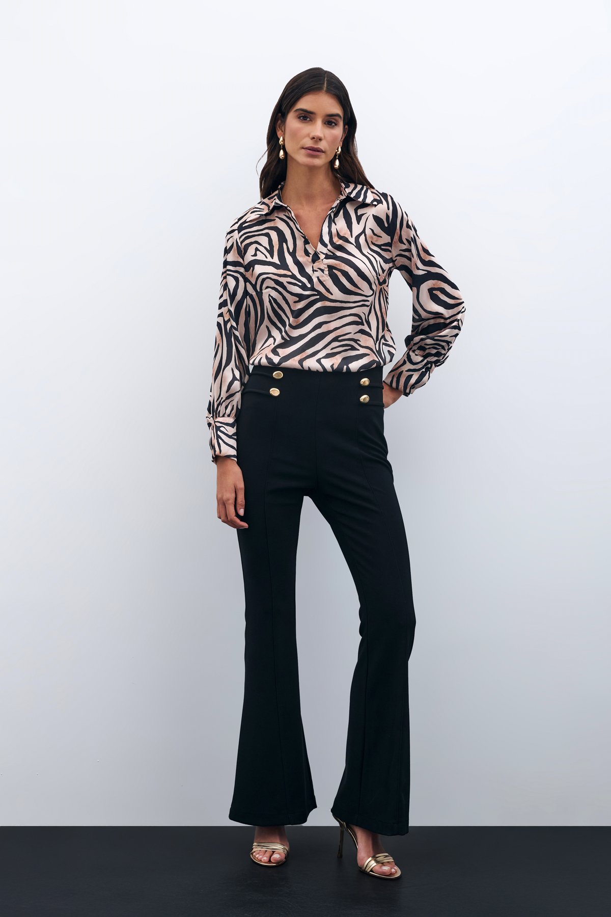 Desenli Gömlek Yaka Bluz - Siyah