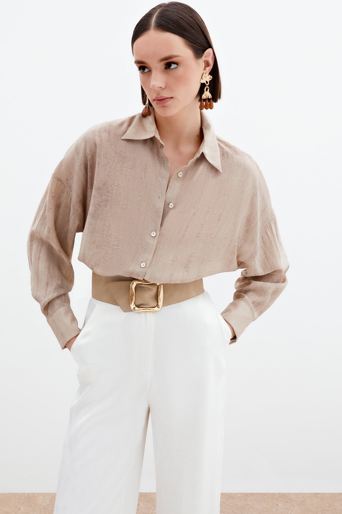 Desenli İnce Salaş Gömlek - Bej