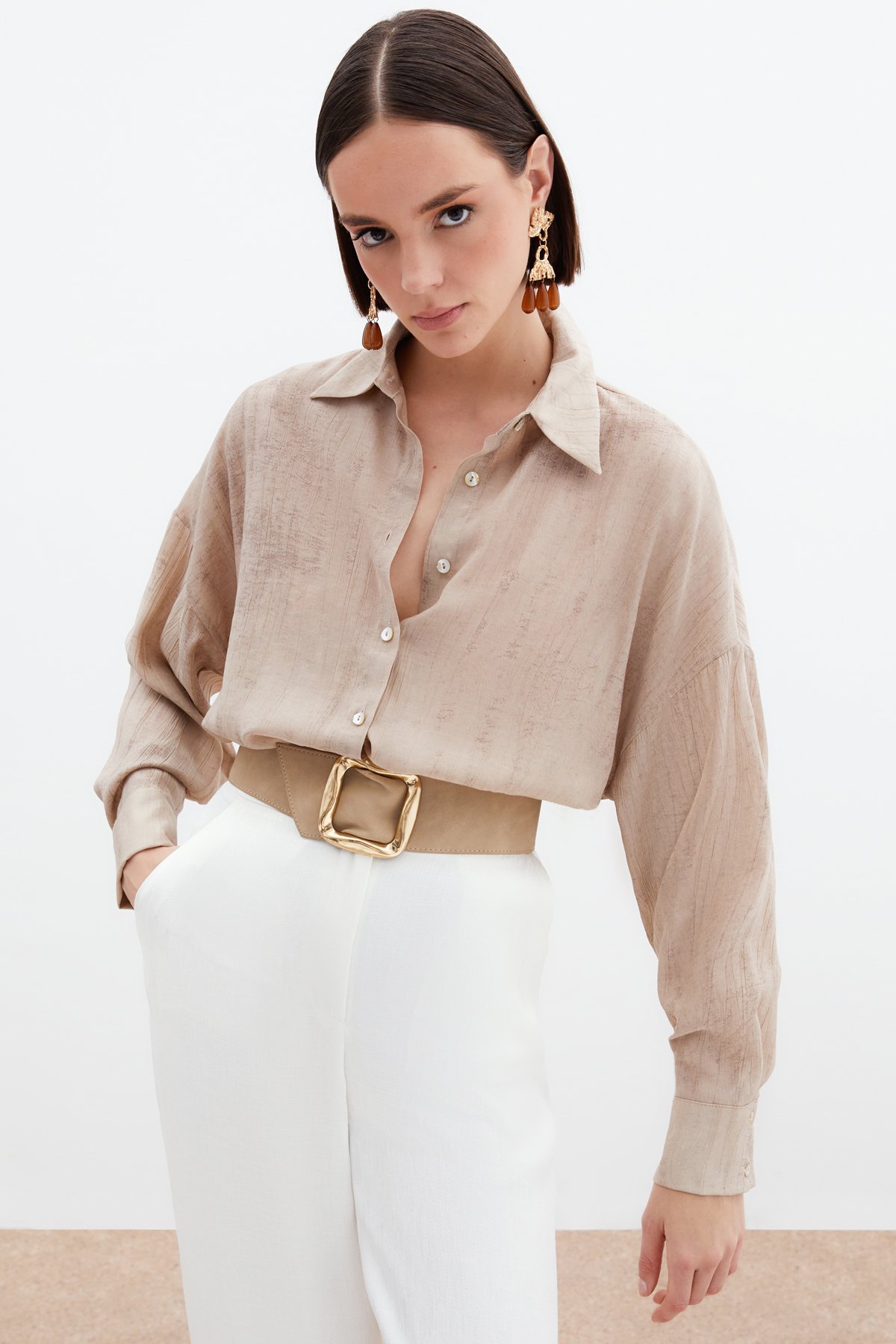 Desenli İnce Salaş Gömlek - Bej