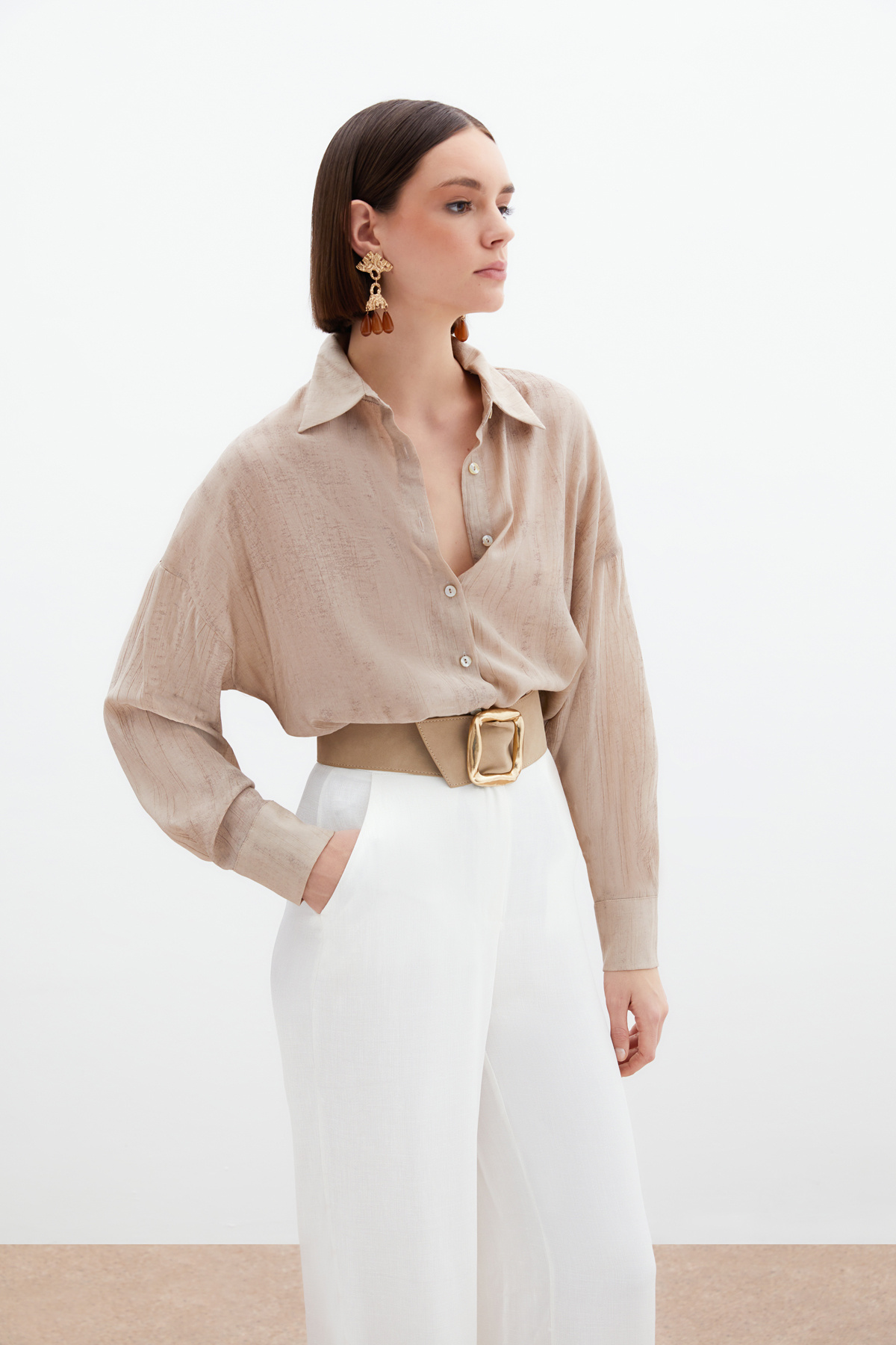 Desenli İnce Salaş Gömlek - Bej