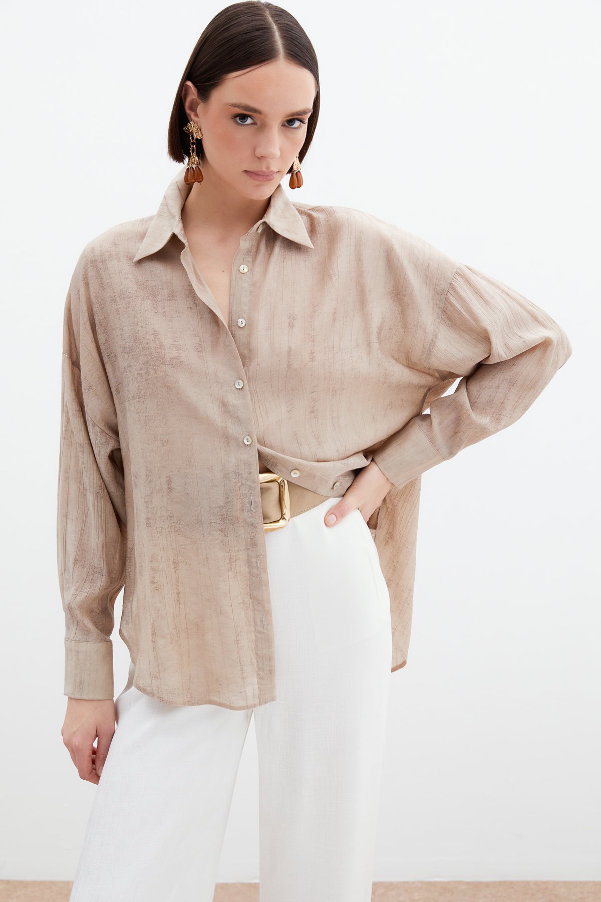 Desenli İnce Salaş Gömlek - Bej