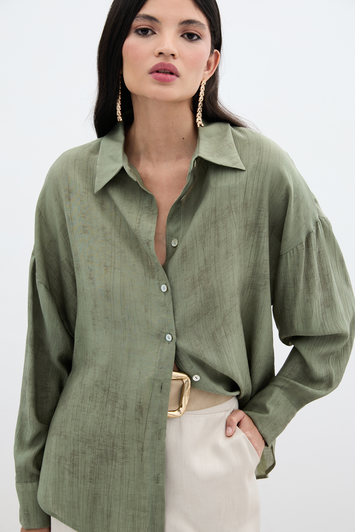 Desenli İnce Salaş Gömlek - Haki